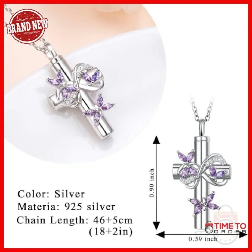Sterling Silver Butterfly Cross Urn Necklace for Ashes Memorial Jewelry